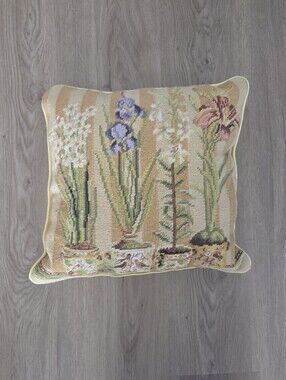 Vtg Needlepoint Pillow Wool Cotton Zipper 15x15 Cottagecore English Garden
